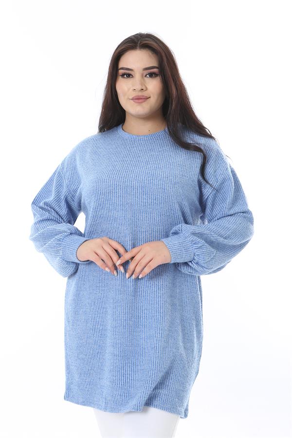 Kadın Büyük Beden Mavi Kendinden Çizgili Uzun Tunik 65N38532