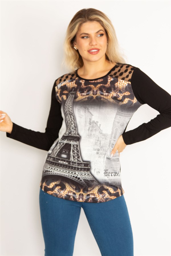 Kadın Siyah Omuz Robası Dantel Taş Ve Baskı Detaylı Tunik 65N34682