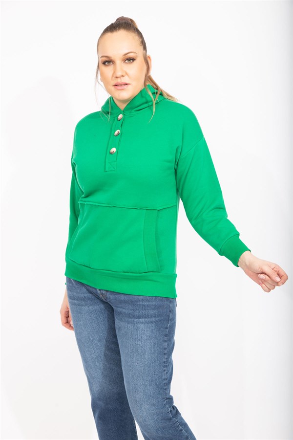 Kadın Siyah İçi Şardonlu 2 İplik Kumaş Ön Pat Düğmeli Kanguru Cep Ve Kapşonlu Sweatshirt 65N35462