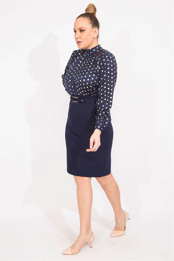 KADIN LACİVERT PUAN DESENLİ BELİ KEMERLİ ELBİSE