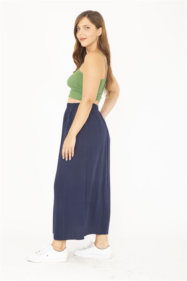Kadın Büyük Beden Lacivert Beli Lastikli Yan Cepli Etek 65N36806