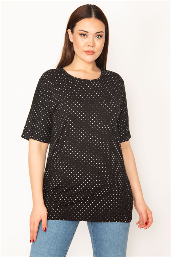 KADIN SİYAH PUAN DESENLİ BİSİKLET YAKA KISA KOLLU BLUZ