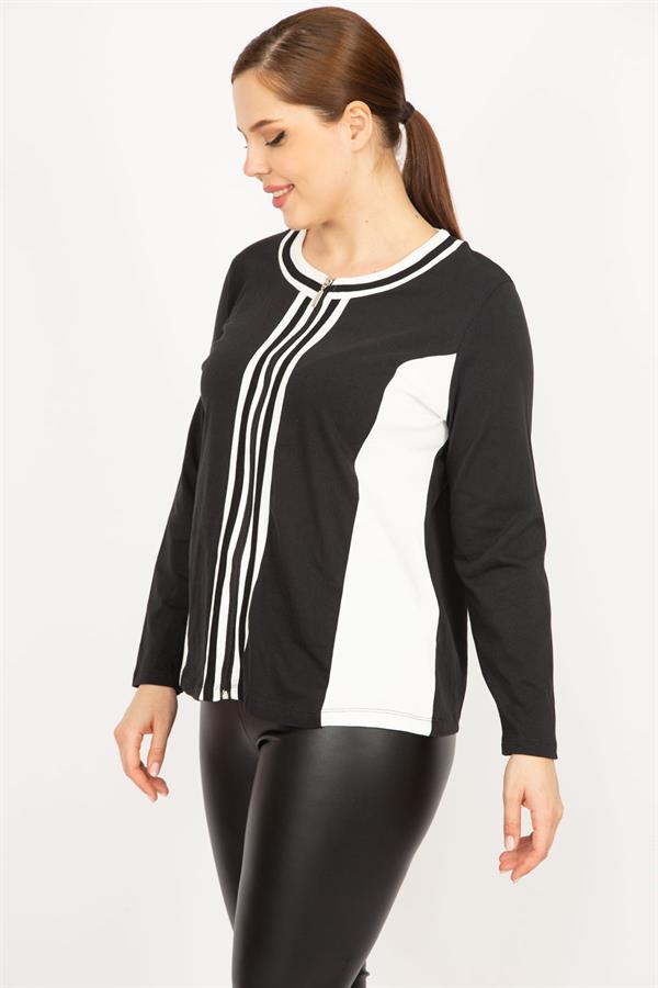 Kadın Siyah Büyük Beden Ön Fermuarlı Astarsız Spor Ceket