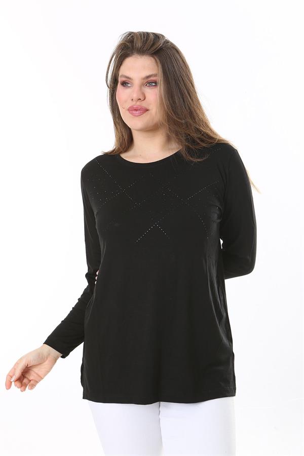 Kadın Büyük Beden Siyah Önü Taş Ve Sırtı Dantel Detaylı Uzun Kollu Bluz 65N37803
