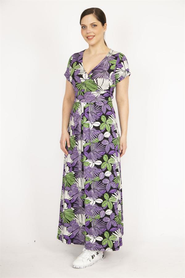 Kadın Mor Büyük Beden Anvelop Yakalı Renkli Uzun Elbise