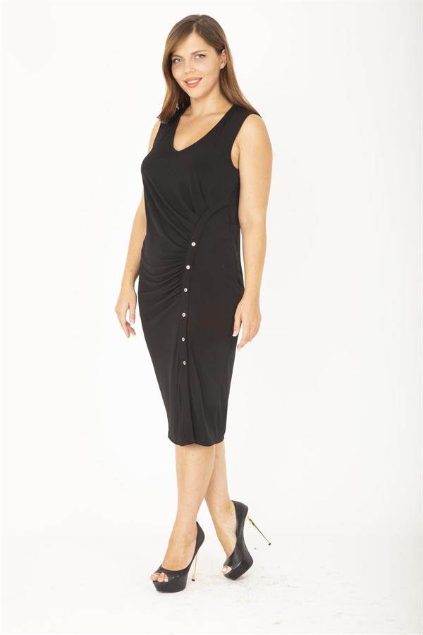 Kadın Büyük Beden Siyah V Yakalı Önü Küçük Metal Düğmeli Elbise 65N36850