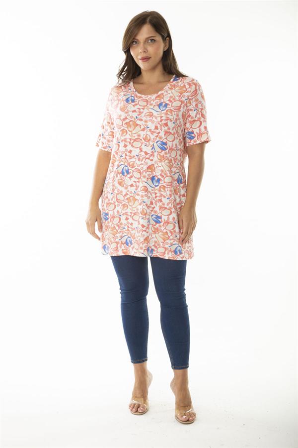 Kadın Büyük Beden Renkli Bisiklet Yakalı Desenli Uzun Bluz 65N36924