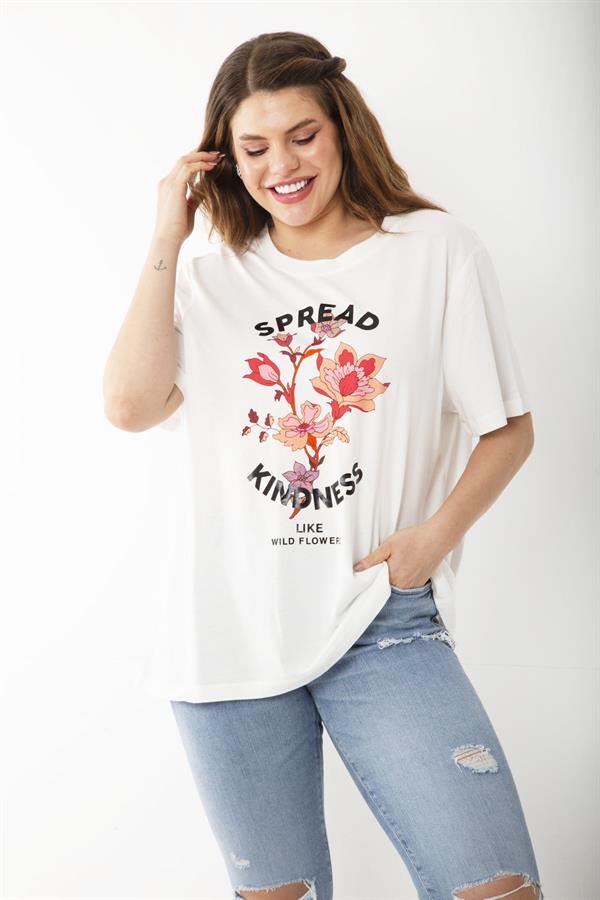 Kadın Büyük Beden Kemik Ön Baskılı Kısa Kollu Bluz 65N37241