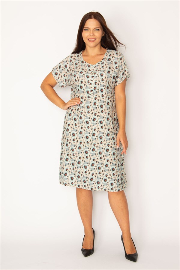 Kadın Gri Ön Yarım Pat Düğmeli Beli Kuşaklı Dokuma Viskon Kumaş Elbise 65N34325