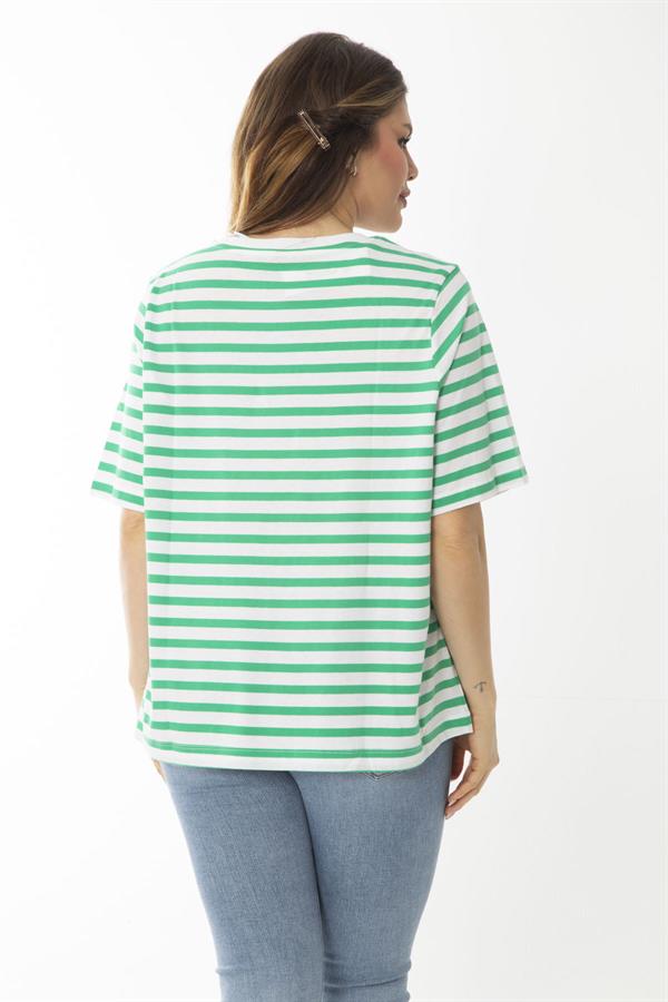 Kadın Büyük Beden Yeşil Bisiklet Yakalı Çizgili Bluz 65N37022
