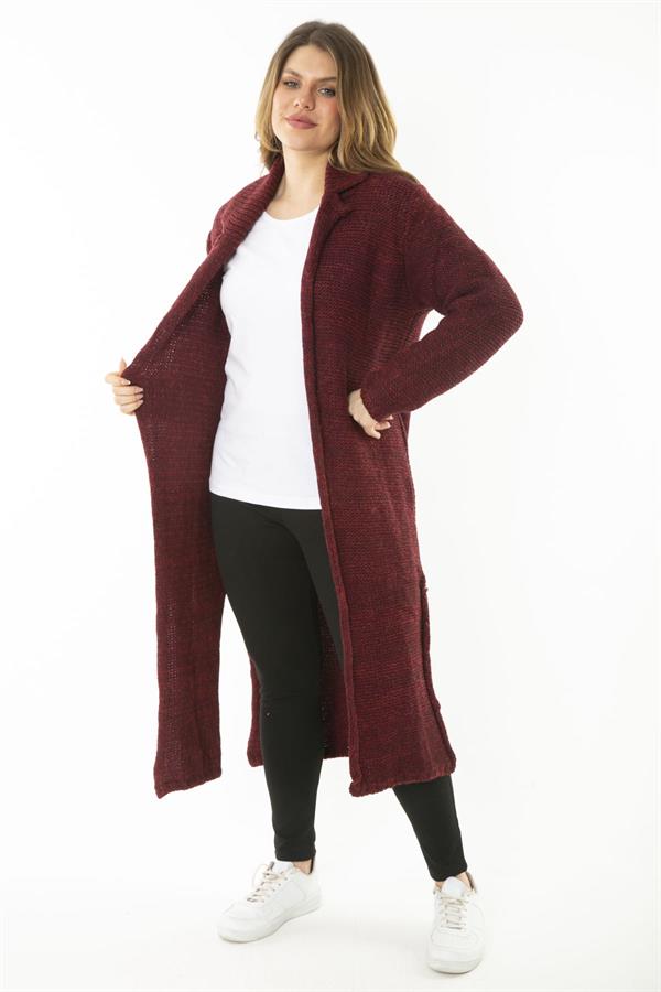 Kadın Büyük Beden Bordo Yırtmaçlı Kalın Triko Uzun Hırka 65N37131