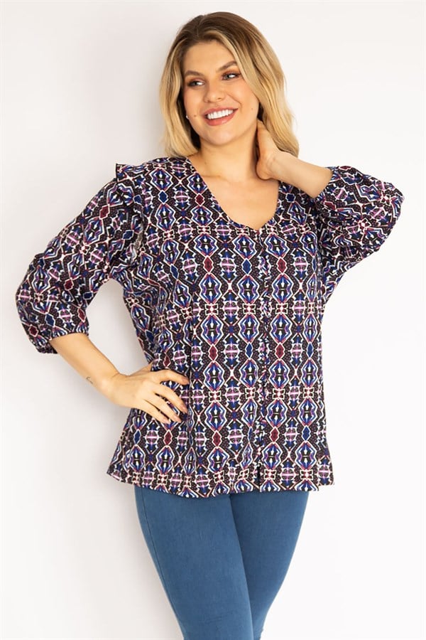 Kadın Renkli Önü Birit Düğmeli Omuzu Fırfırlı Tunik 65N35120