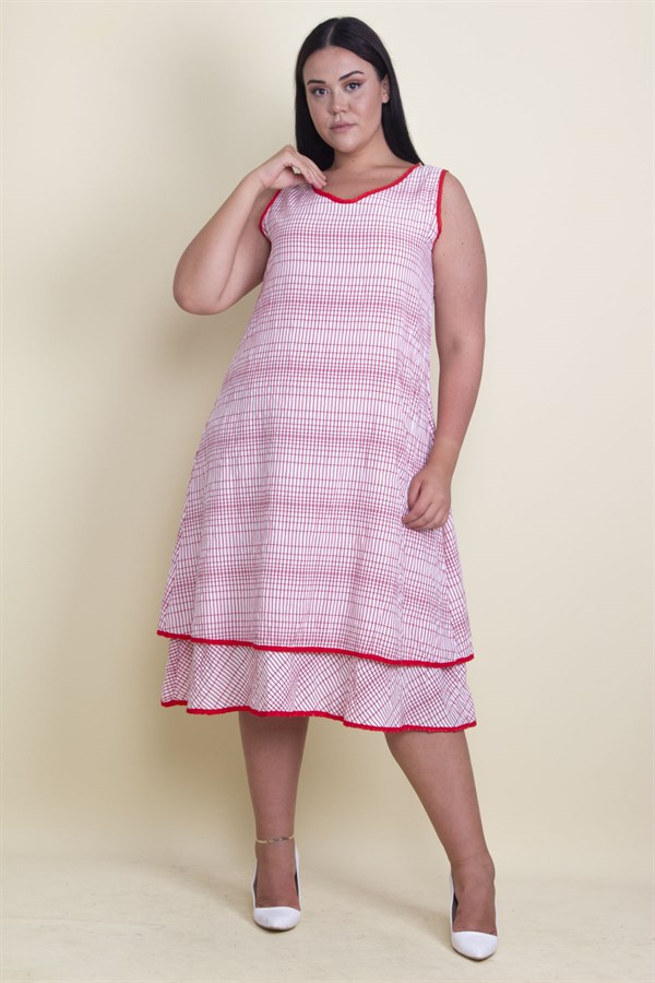 Kadın Kırmızı Biye Detaylı Etek Ucu Katlı Astarlı Elbise 65N17881