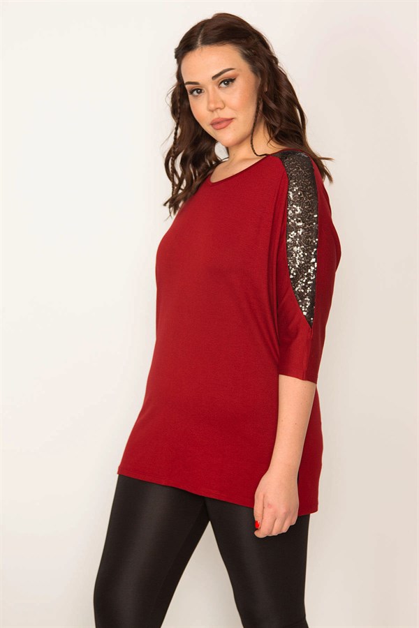 KADIN BORDO PAYET DETAYLI V YAKA KAPRİ KOL VİSKON BLUZ