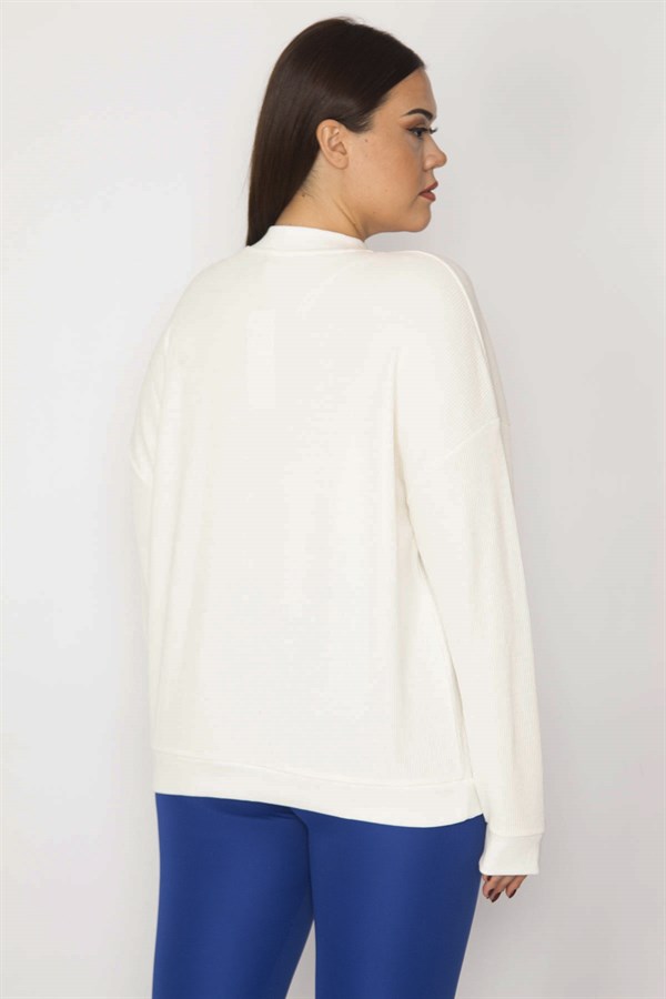 Kadın Kemik Sıfır Yakalı Kendinden Çizgili Uzun Kollu Bluz 65N29904