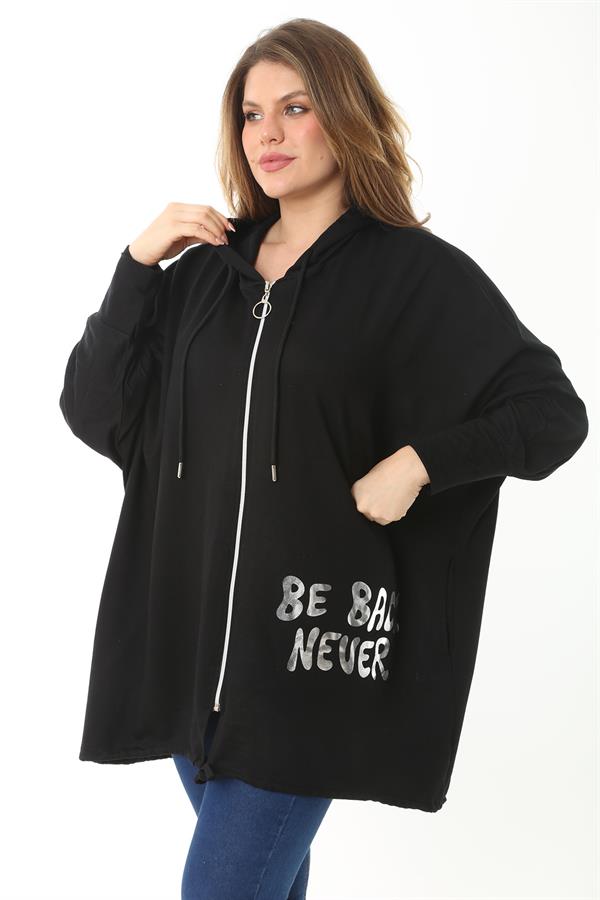 Women's Plus Size Black Front Lacquered Printed Hooded Casual Cut Sweatshirt 65N37118