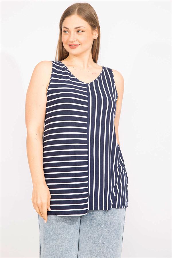 Kadın Lacivert Büyük Beden Çizgi Kombinli Bluz 65N35714