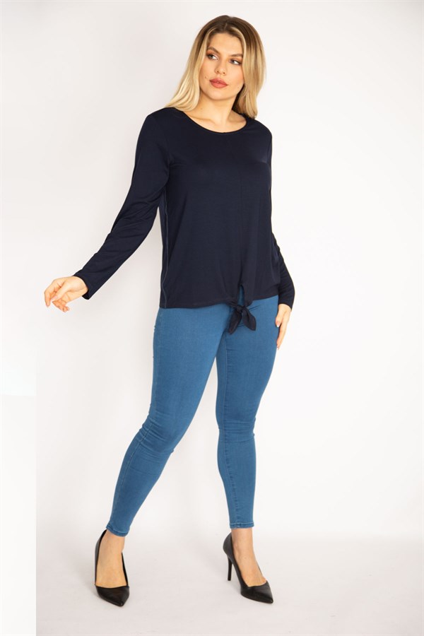 Kadın Lacivert Ön Bağlama Detaylı Bisklet Yaka Bluz 65N35217