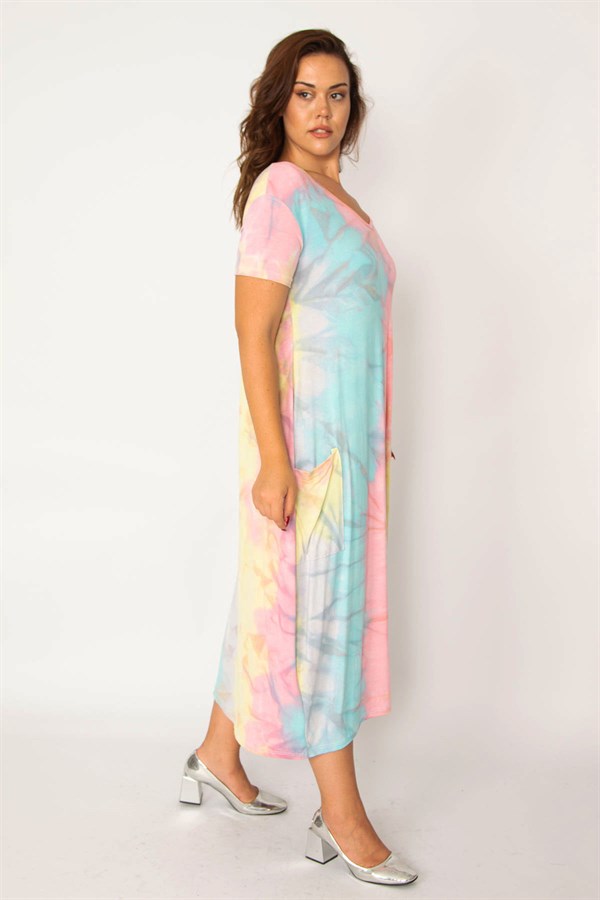 Kadın Saks Batik Desen V Yaka Cepli Elbise 65N33979