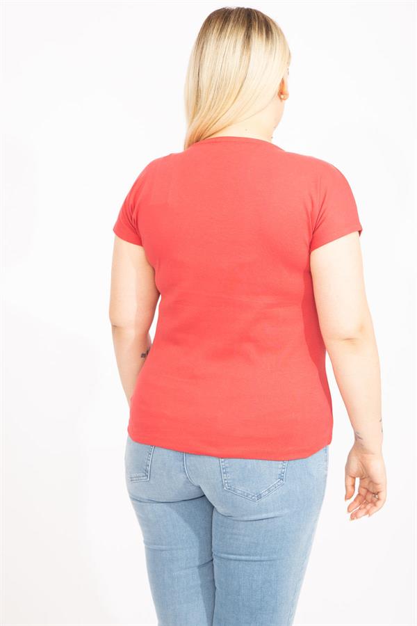 Kadın Nar Büyük Beden V Yakalı Ön Baskılı Bluz 65N35655