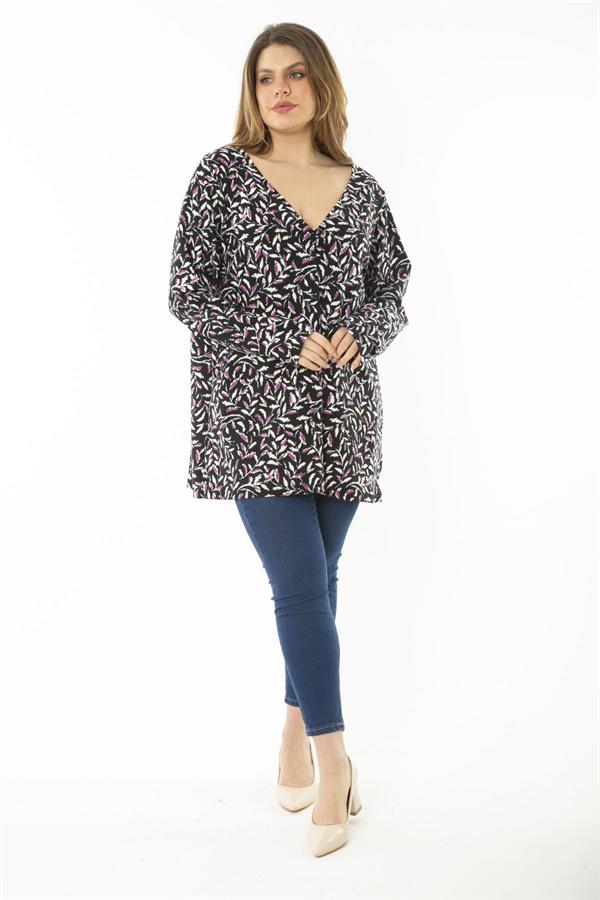 Kadın Büyük Beden Mor Yaka Pileli Kapri Kollu Bluz 65N37148