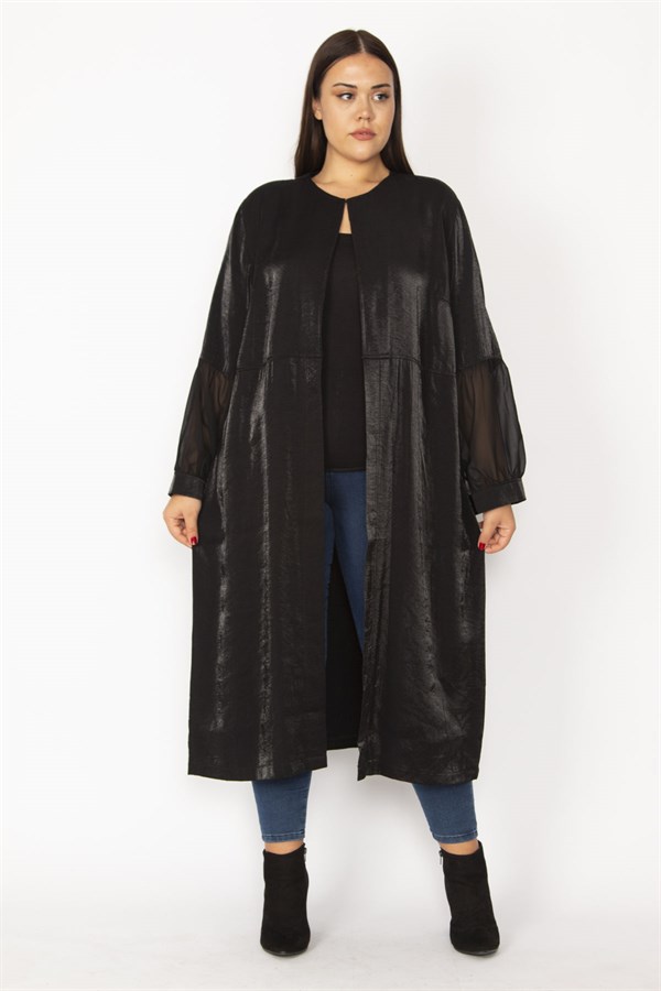 Kadın Siyah Simli Kumaş Kol Ağzı Şifon Detaylı Hakim Yaka Ön Düğmeli Uzun Kap 65N28483