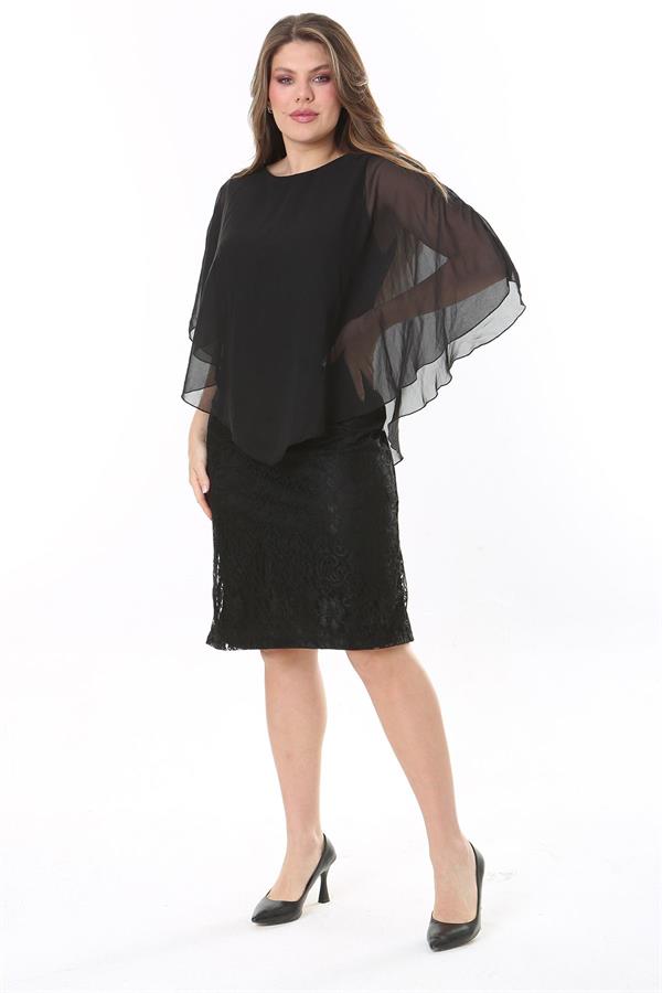Kadın Büyük Beden Siyah Şifon Pelerinli Astarlı Dantel Elbise 65N37773