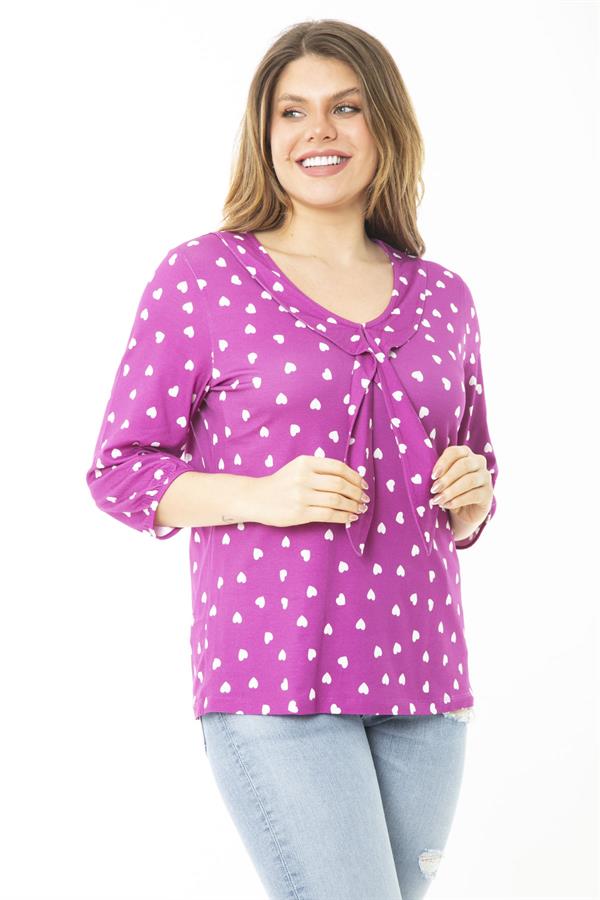 Kadın Büyük Beden Eflatun Yaka Fularlı Kalp Desenli Bluz 65N37144