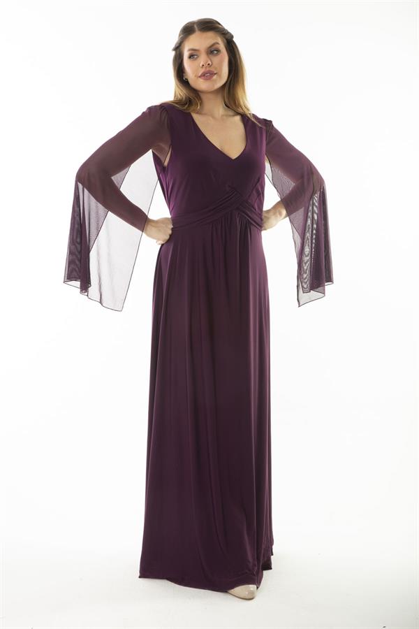 Kadın Büyük Beden Lacivert Bel Detaylı Kolları Tül Abiye Elbise 65N37065