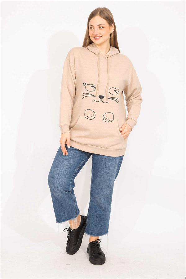 Women's Mink Plus Size Sweatshirt with Front Print and Hood Detail 65N35632