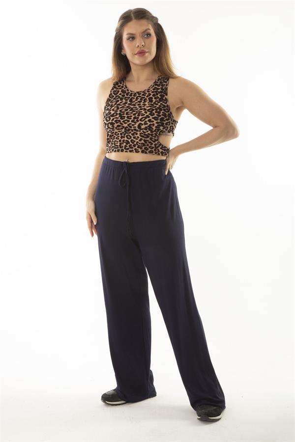 Kadın Büyük Beden Lacivert Beli Lastik Ve Bağcıklı Cepsiz Rahat Kesim Eşofman Alt 65N37060