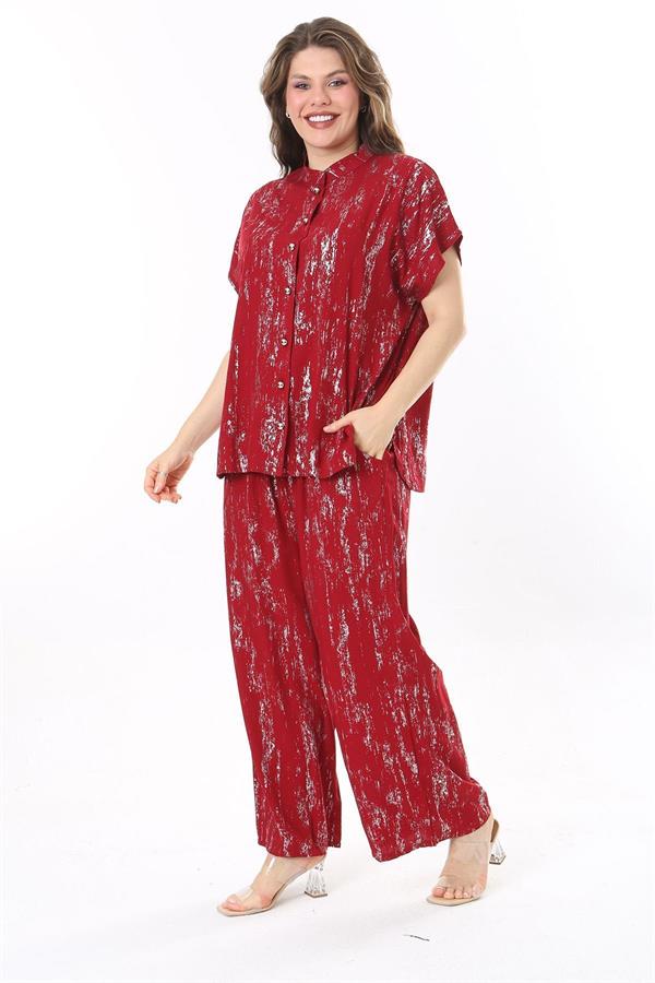 Kadın Büyük Beden Bordo Ön Düğmeli Bluz Beli Lastikli Panyolon İkili Takım 65N37971