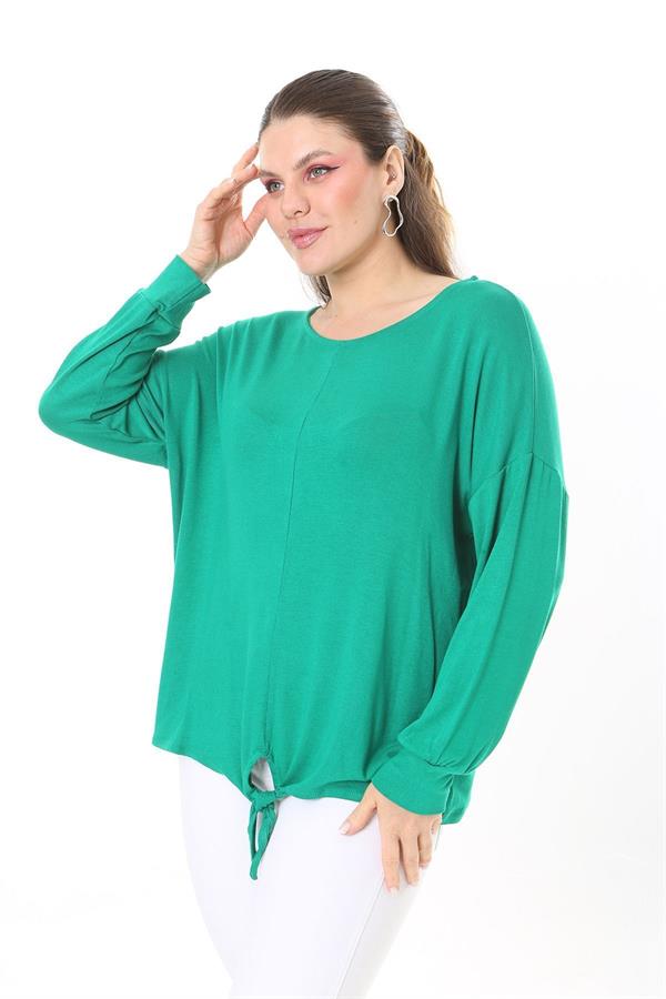 Kadın Büyük Beden Saks Önden Bağlamalı Uzun Kollu Bluz 65N37695