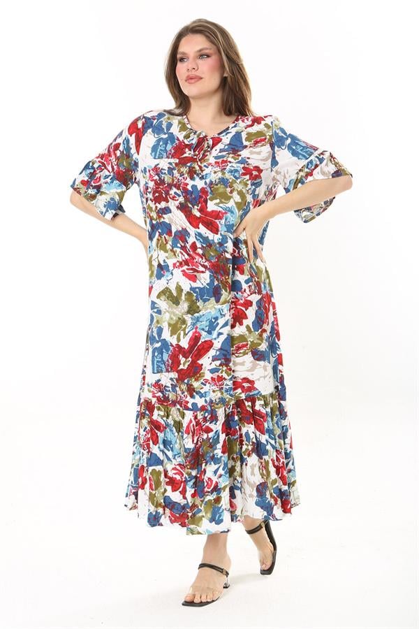 Kadın Büyük Beden Mavi Dokuma Viskon Kumaş Eteği Katlı Kısa Kollu Elbise 65N37868