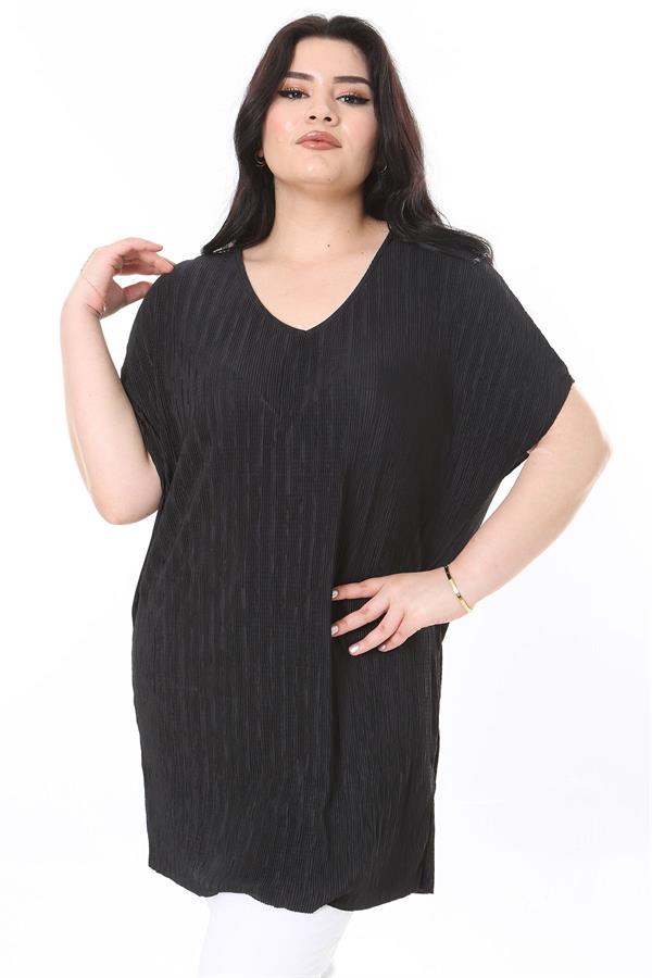 Kadın Büyük Beden Siyah V Yakalı Düşük Kollu Uzun Bluz 65N37999