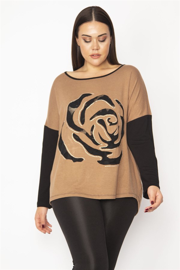 Kadın Camel Önü Flok Desen Ve Taş Detaylı İki Renkli Tunik 65N29336