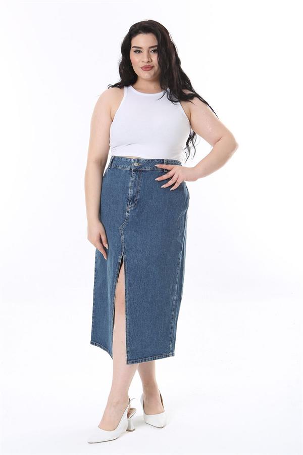 Kadın Büyük Beden Lacivert Yırtmaç Detaylı 5 Cepli Kot Etek 65N38096