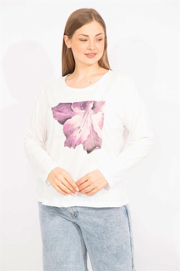 Kadın Kemik Büyük Beden Pamuklu Kumaş Kapri Kol Baskılı Bluz 65N35563