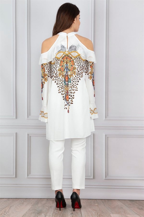 Chemisier femme à épaules dénudées et broderies de pierres 26N14543