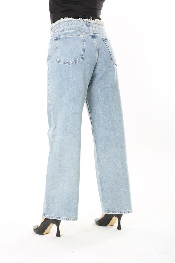 Kadın Büyük Beden Mavi Kemeri Pis Dikişli Yıkama Efektli Kot Pantolon 65N38031