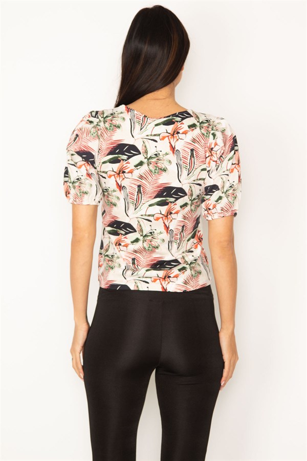 KADIN RENKLİ ÇİÇEK DESENLİ KOL DETAYLI BLUZ