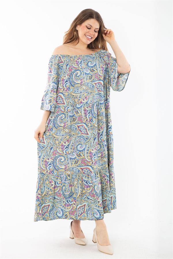 Kadın Büyük Beden Renkli Yaka Lastikli Dokuma Viskon Kumaş Katlı Elbise 65N37349