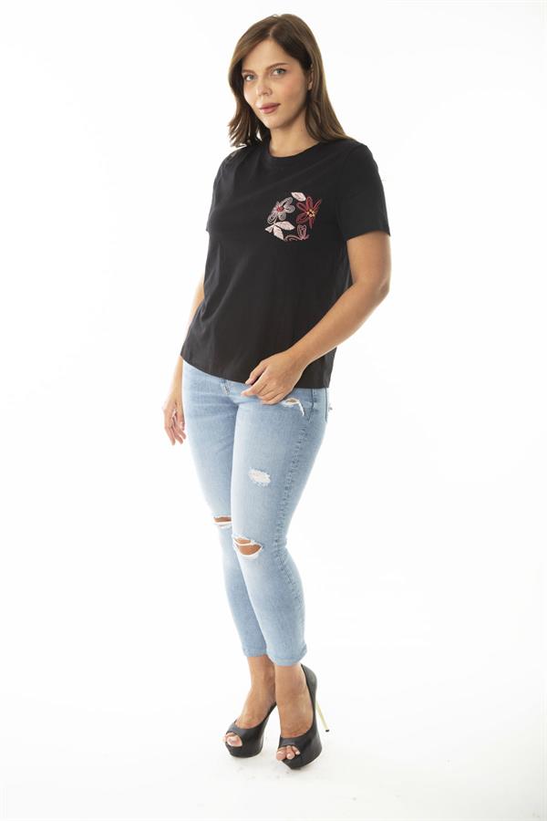 Kadın Büyük Beden Siyah Peto Cepli Kısa Kollu Bluz 65N36947