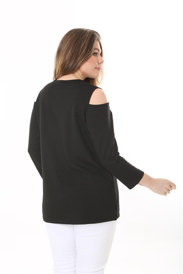 Kadın Büyük Beden Siyah Omuz Dekolteli Robası Fermuarlı Payet Detaylı Bluz 65N37509