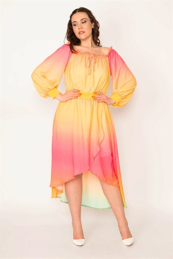 ROBE DE SOIRÉE EN MOUSSELINE DE SOIRÉE POUR FEMMES, COL COLORÉ ET DÉTAILS ÉLASTIQUES À LA TAILLE, DOS LONG DOUBLÉ