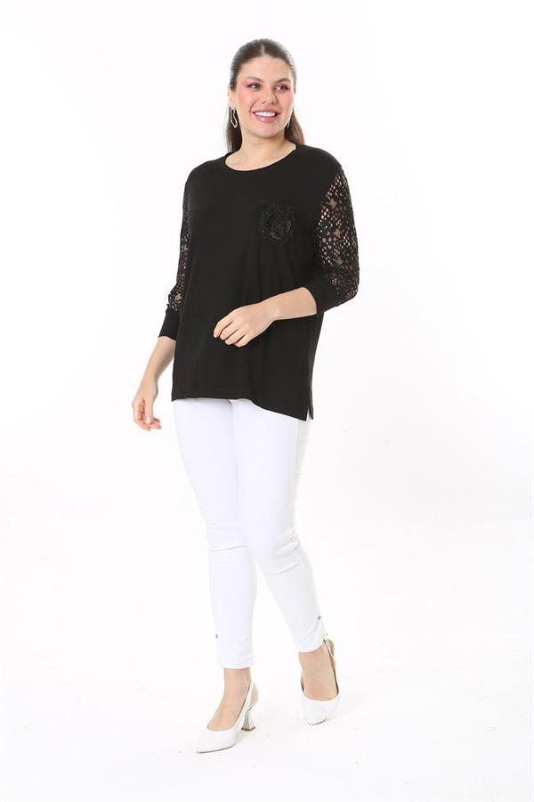 Kadın Büyük Beden Siyah Göğsü Aplike İşli Kolları Dantel Bluz 65N37690