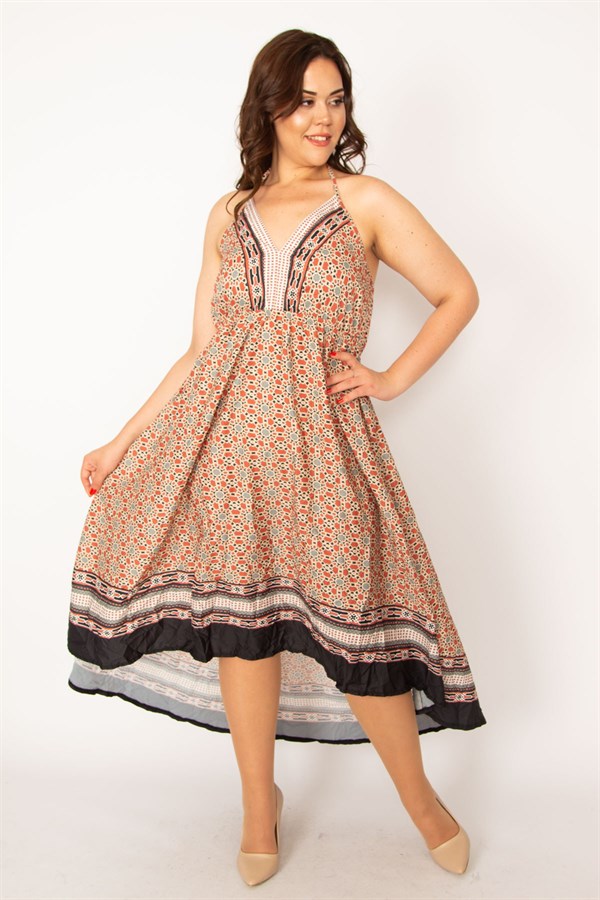 Kadın Renkli Boyundan Bağlamalı Arkası Uzun Elbise 65N33465