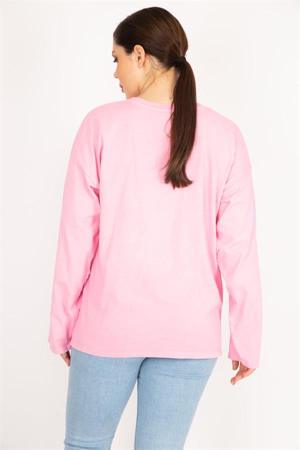 Kadın Bej Büyük Beden Kol Baskılı Sweatshirt