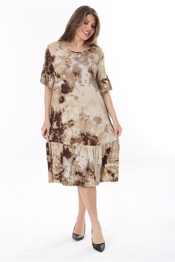 Kadın Büyük Beden Kahve Batik Desenli Kısa Kollu Etek Ucu Katlı Elbise 65N37764