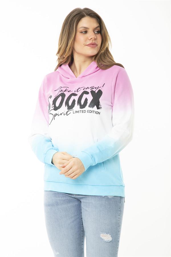 Kadın Büyük Beden Renkli İki İplik Sim Ve Ön Baskı Detaylı Kapşonlu Sweatshirt 65N37162